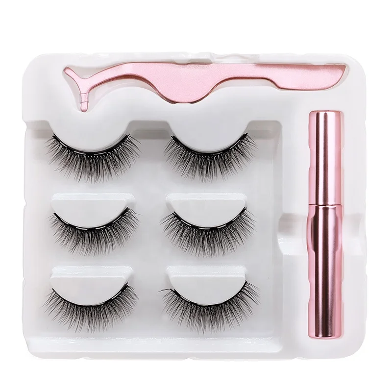 

3 Pairs Gift Packaging Box Faux Mink Eyelashes Vendors Custom Waterproof Magnetic Liquid Eyeliner Magnetic Eyelash Set, Black