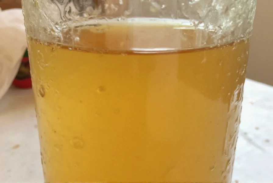 Glass bottle filled with golden ginger syrup next to fresh ginger and cocktail ingredients
