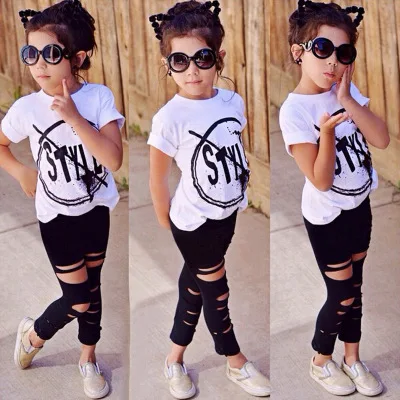 

Baby Girl Clothing Set Summer Style T-shirt +Black Hole Pants 2pcs Kids Fashion Outfits Girls Clothes Size 2-7Y