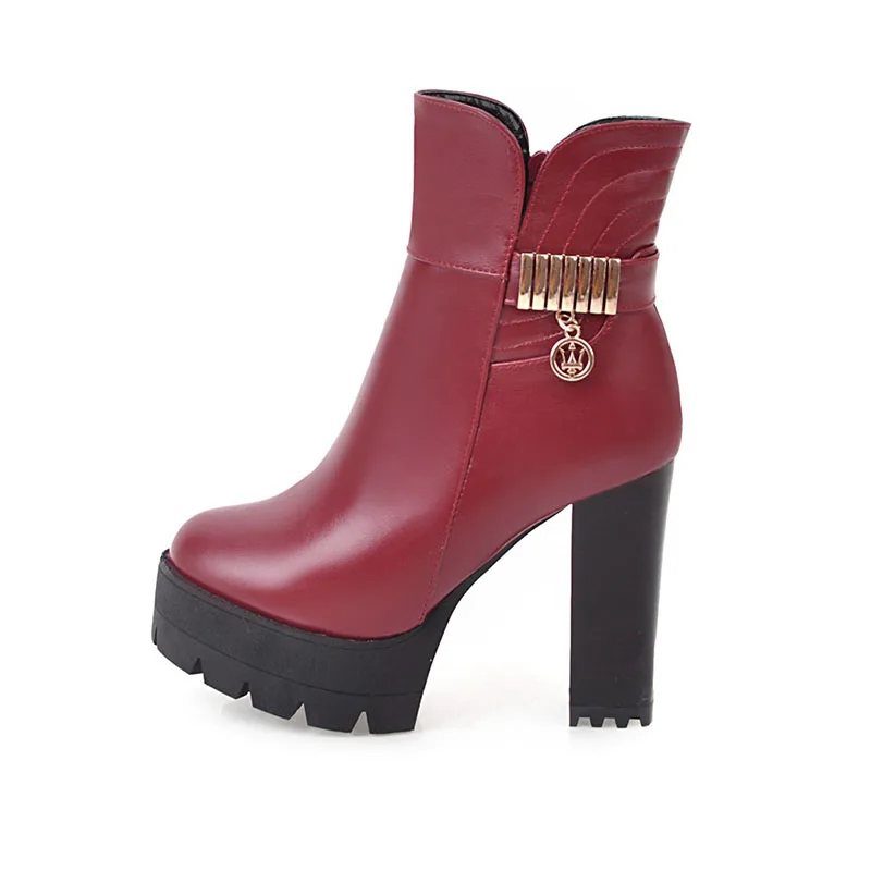 

New Zipper Ankle Boots Women Soft PU Leather Boots Low Heel Short Plush Boots Front Zip Autumn Black Red Women Shoes, Black/white/red