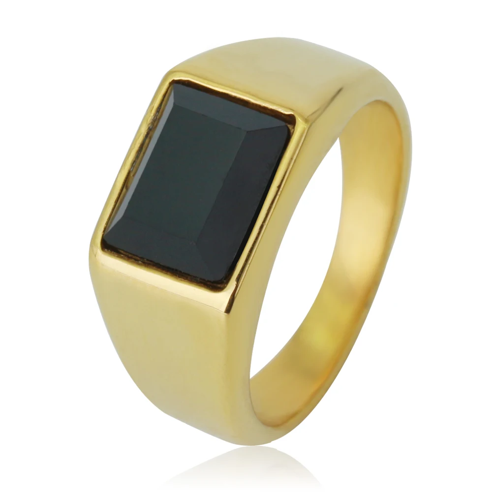 

Non Tarnish Jewelry Personality Gold Plated Agate Stone Ring Anillo Stainless Steel Black Onyx Signet Ring For Men