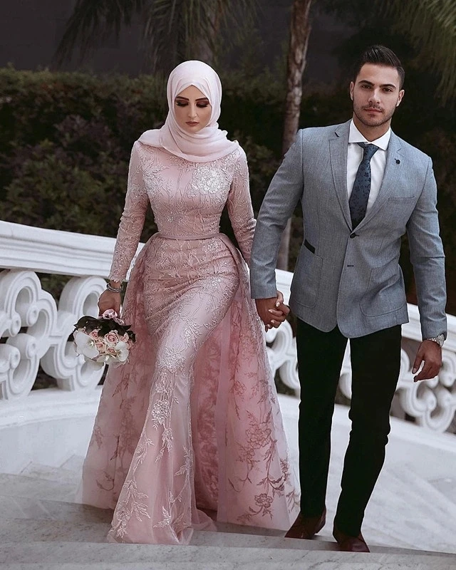 Pink Embroidered Lace Wedding Gown 2021new Muslim Wedding Dress With Detachable Skirt Hijab Islamic Bridal Gown Robe De Mariage Buy Plus Size Wedding Dress Bridal Gown Dresses Wedding Gowns For Big