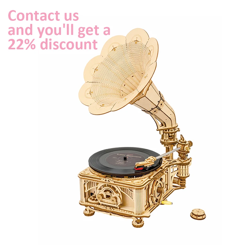 

Robotime Rokr Contact Get 22% off DIY 3D Wooden Puzzles LKB01 Classic Hand Rotating Gramophone Wood Crafts