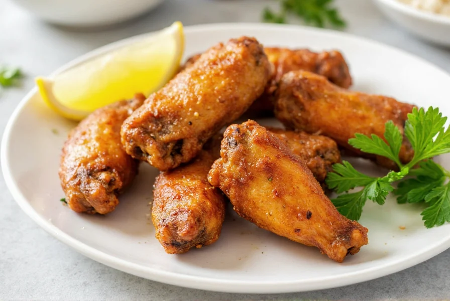 Crispy golden brown salt and pepper chicken wings on white plate with lemon wedges and fresh herbs