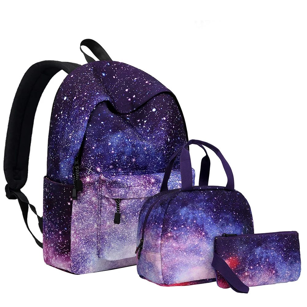 

Custom New design Amazon Bags 2021 Starry Sky Student Backpack School Bag Women Meal Bag Three Piece Set, Black