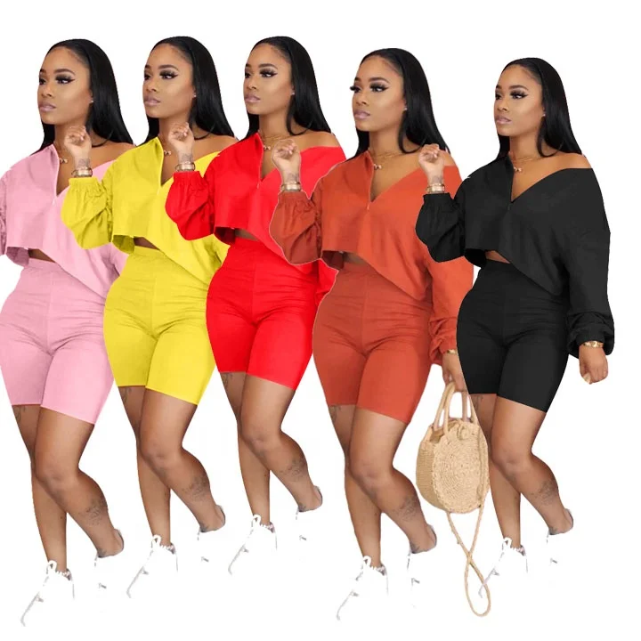 

Most Popular Casual Solid Long Sleeve Top Outfit Ladies Clothing Set V-neck Shorts Sets for Women Two Piece
