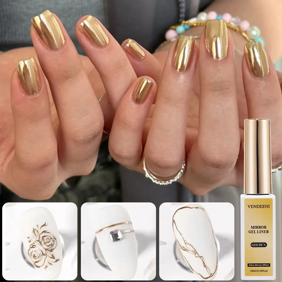 Vendeeni Metallic Painting Liner Gel Golden Silver Mirror Effect Nail Art Soak Off Liner Gel Polish Support Private Brand Custom