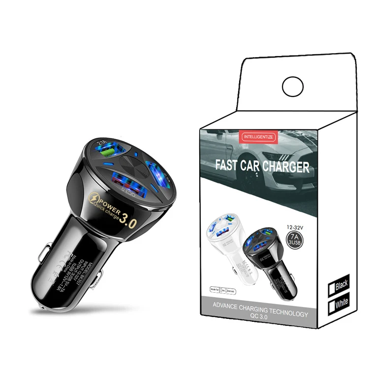 

2022 QC3.0 Universal Vehicle Car Charger Adapter Fast Charging 35W Car Phone Charger 3USB, Black white