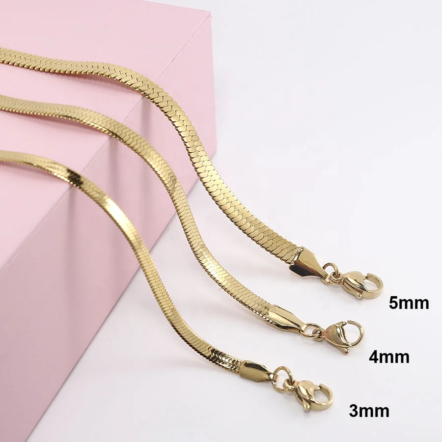 

Aiz Jewelry Wholesale PVD Flat Snake 3mm 4mm 5mm 6mm Stainless Steel 18K Gold Plated Herringbone chain Necklace For Women Men