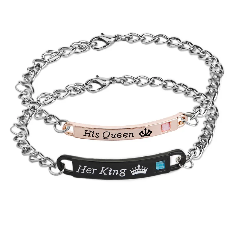 

2020 wholesale fashion his queen her king alloy couple bracelet, his beauty her beast valentine gifts