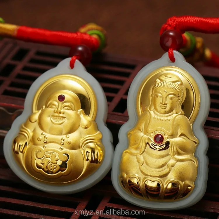 

Certified 3D Gold Inlaid Necklace 4D Hetian Jade Inlaid Gem Laughing Guanyin Buddha Men And Women Pendant Jewelry