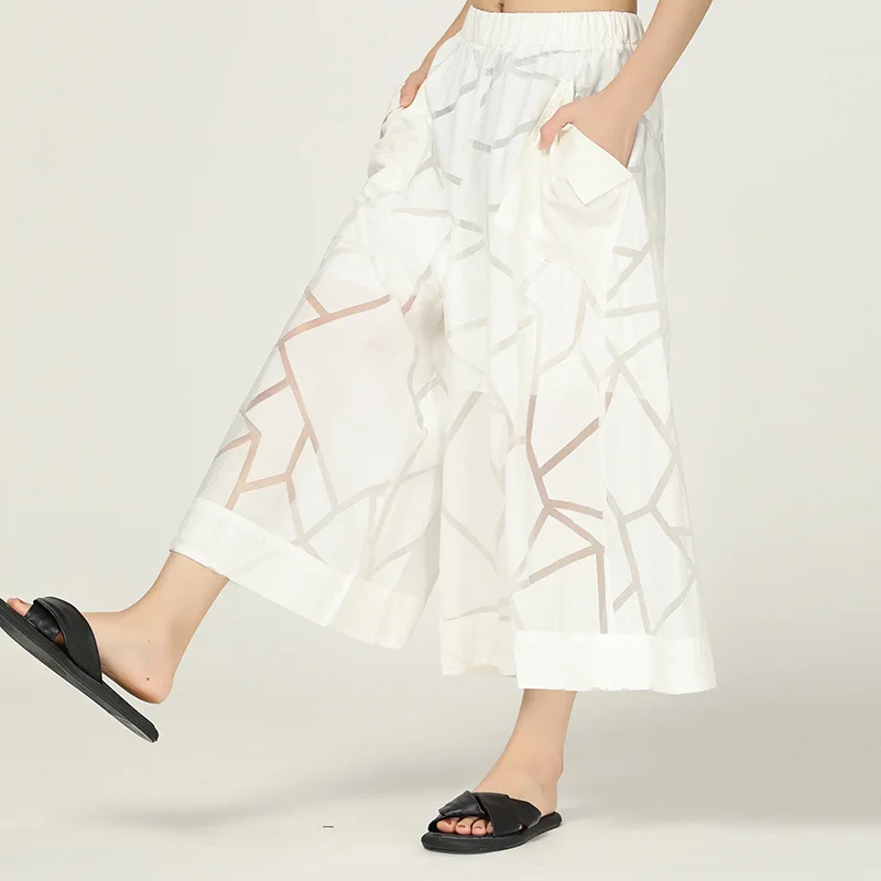 

Wholesale 2021 Spring/Summer New Fashion Casual Loose Large Size Printed Hollow Semi-Perspective Cropped Pants, White,black