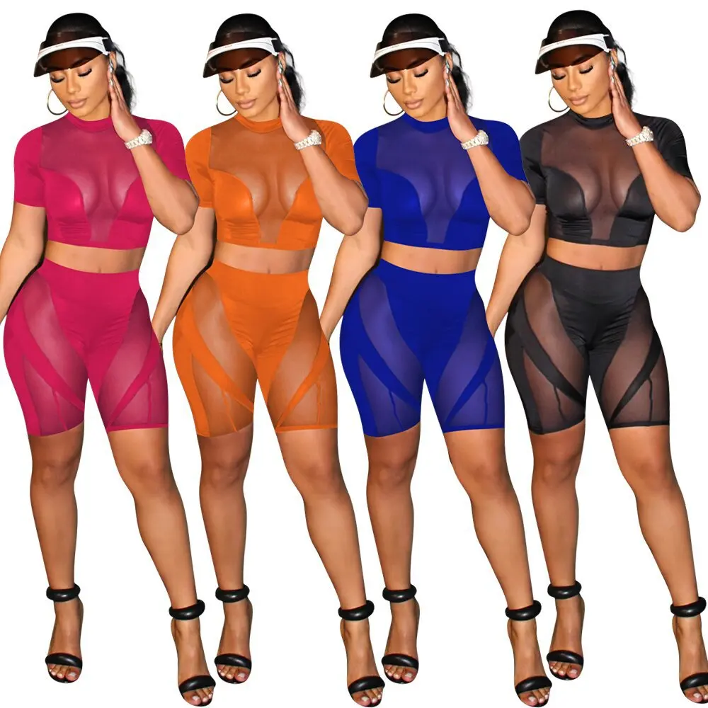 

Y2K 2022 Summer elastic See Through Two Piece Outfits Women Short Sleeve Crop Tops Mesh Shorts Biker Tracksuit