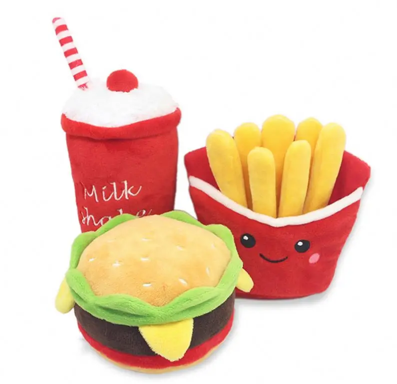 

New Design Plush Pet Toys Hamburg Pizza Fries Food Shape Pet Chew Squeaky Dog Toys