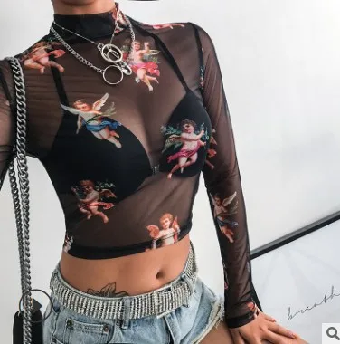 

Female Trendy New Style Angel Printed Mesh Short Navel Long Sleeve T shirt Corset Crop Top