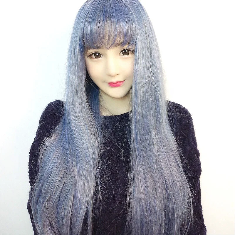 

Long hair wig Smoke blue cute girl with air bangs high temperature fiber wig