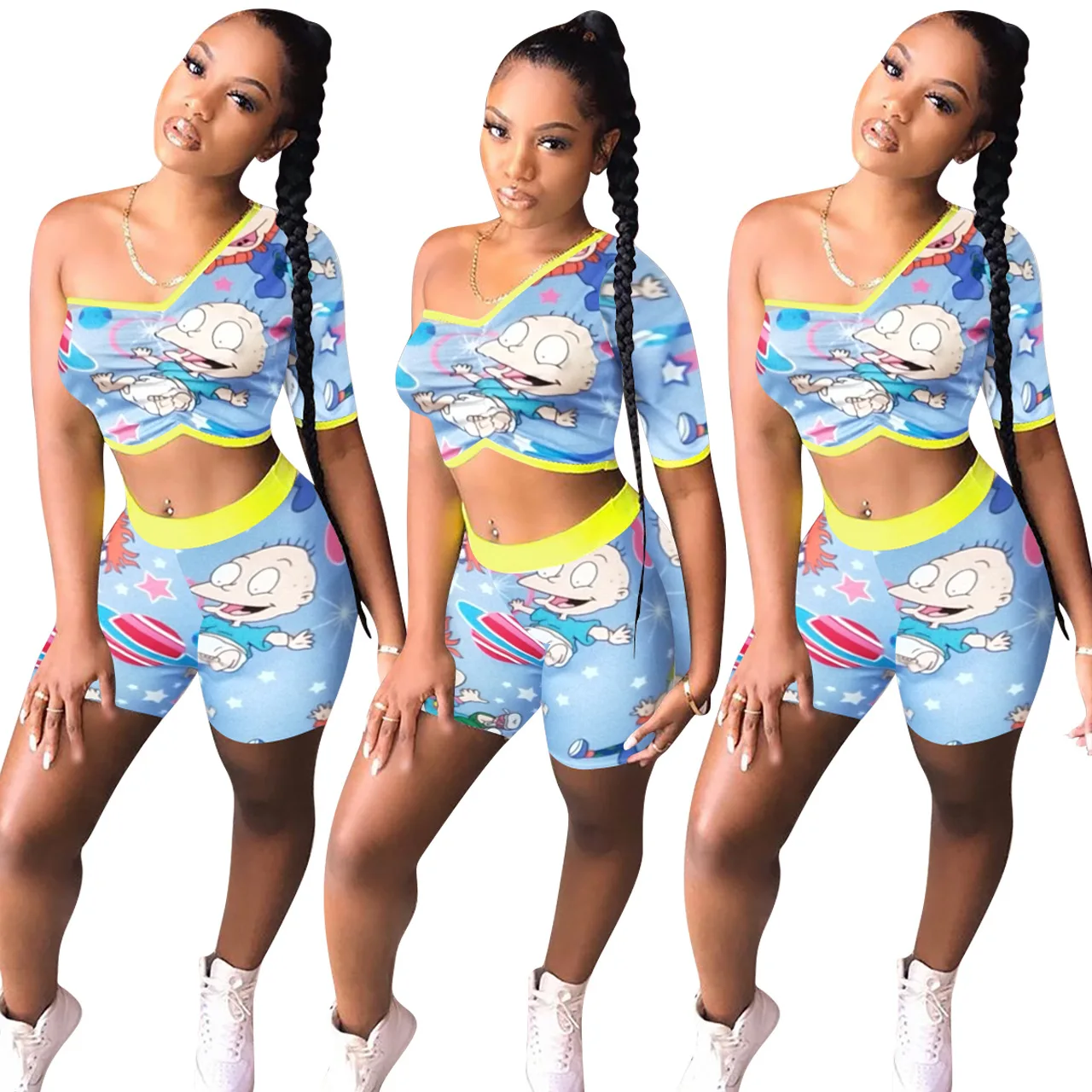 

Single-sleeve cartoon print sport suit woman yoga suit sport wear girls' clothing sets womens shorts& shorts set, Various styles and colors available