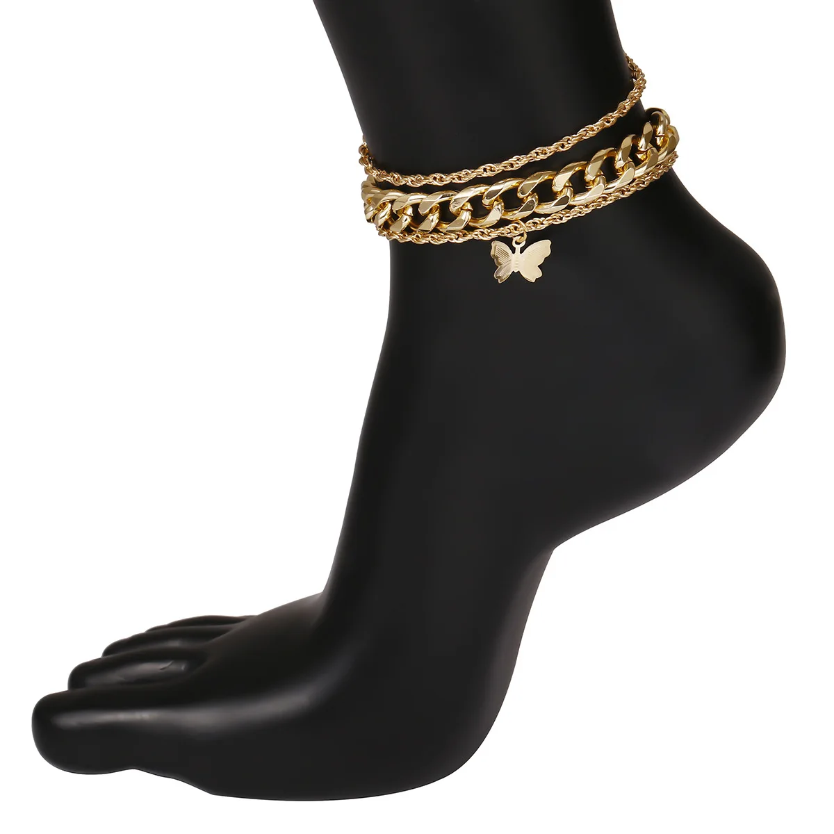 

New Fashion Simple Design Women Foot Jewelry Multi-Layered Gold Silver Color Chain Anklet with Butterfly Pendant