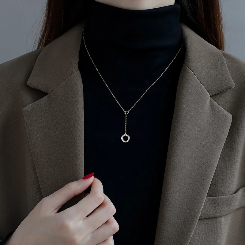 

New Arrival Jewelry 925 Sterling Silver Sweater Chain Necklace Minimalist S925 Silver Geometric Pendant Choker Necklace