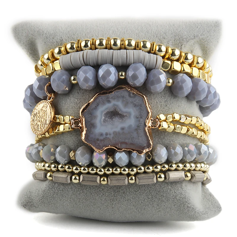 

Fashion Bohemia Jewelry Accessory Chip Zircon Paved Alloy Stone/Glass Beaded Multi Stack Stretch Bracelets Set