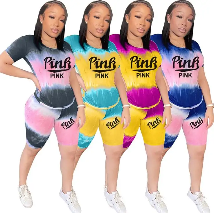 

2021 Summer 2pc 2 two piece biker short set tye tie dye sweat women pink outfits biker shorts for women woman, 4 colors