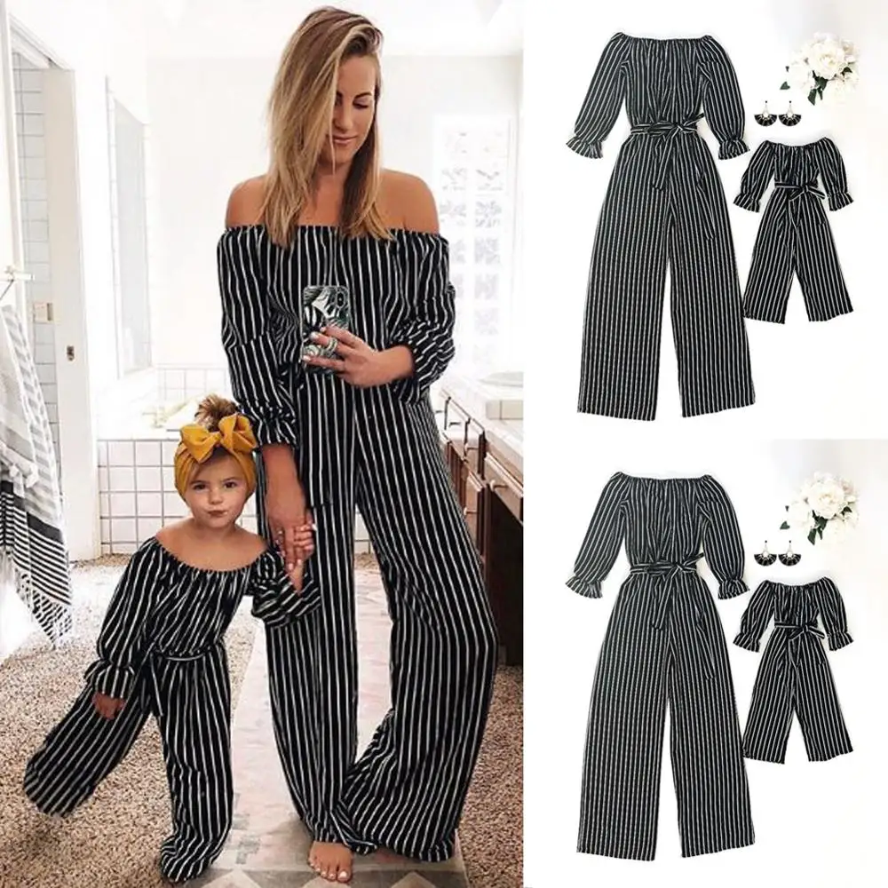 
Family Matching Clothes black striped full Printed Long Dress Mother Daughter Dresses Matching Outfits Mommy and me clothes 