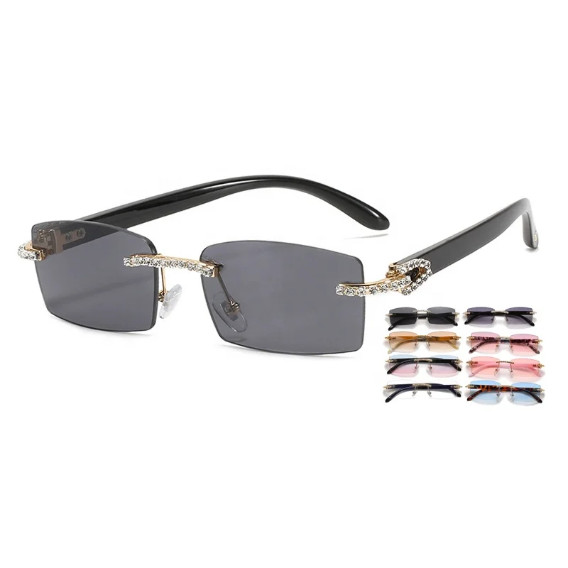 

New stocks hot selling oem brand designer uv400 vintage small women frameless shades sunglasses with bling rhinestones