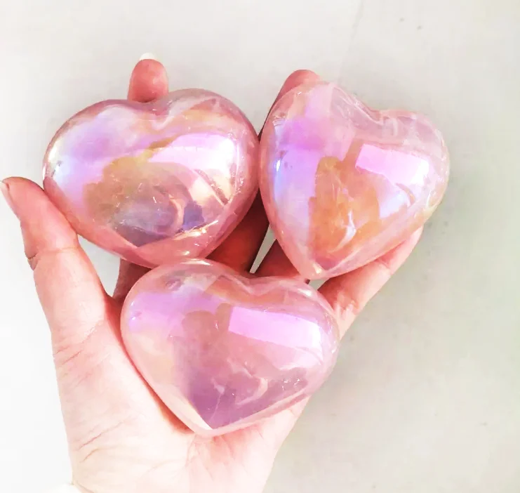 

newest Wholesale natural angel aura electroplating heart shaped pink rose quartz crystal gemstone for healing stones