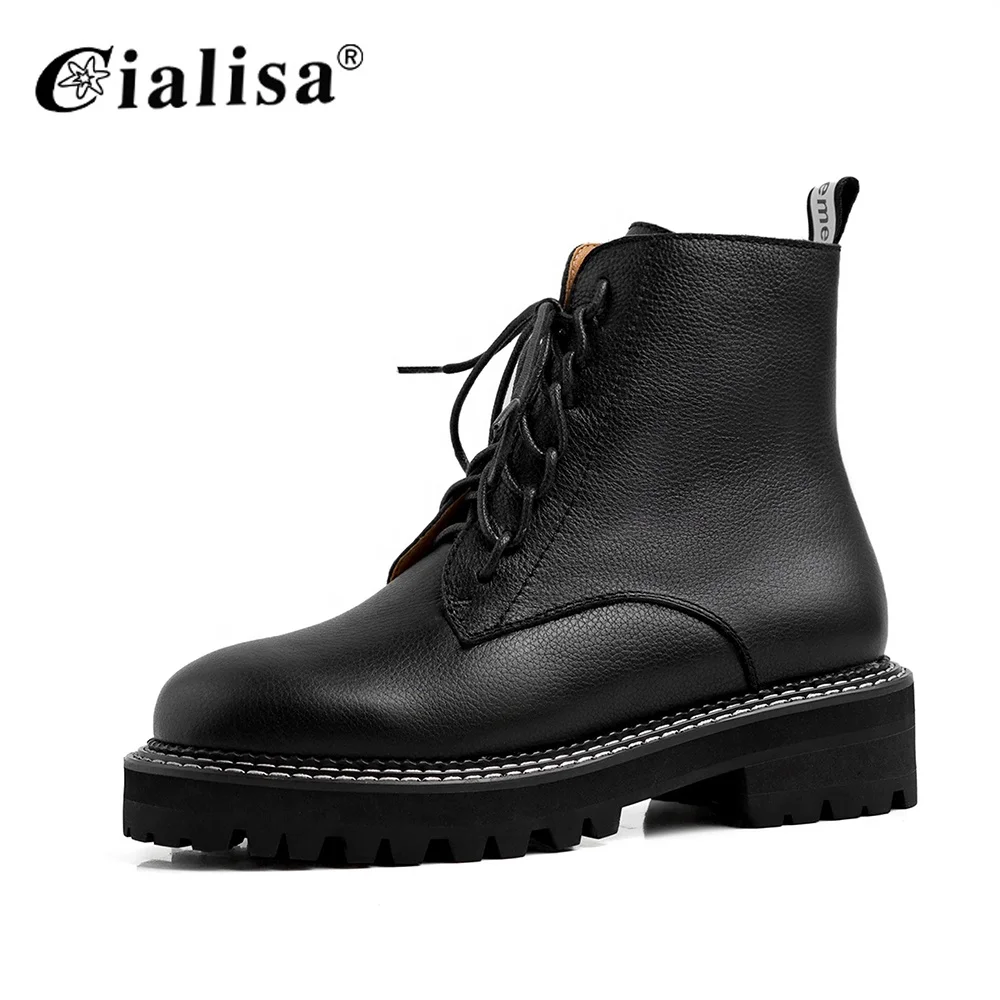 

Platform Black Suede Womens Lace Up Short Boots Winter Keep Warm Black Real Leather Cheap Snow Ankle Boots Wholesale Fashion