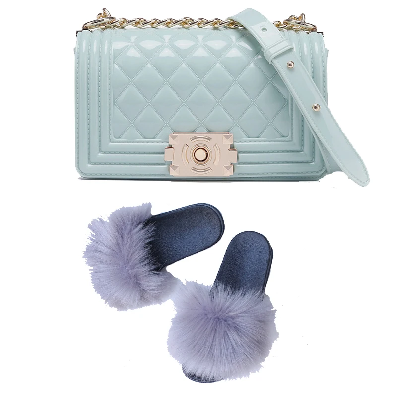 

2020 kid Shoes Luxury Pure Color Candy PVC Purses and Handbags with Slippers Jelly Bag Match Fur Slides