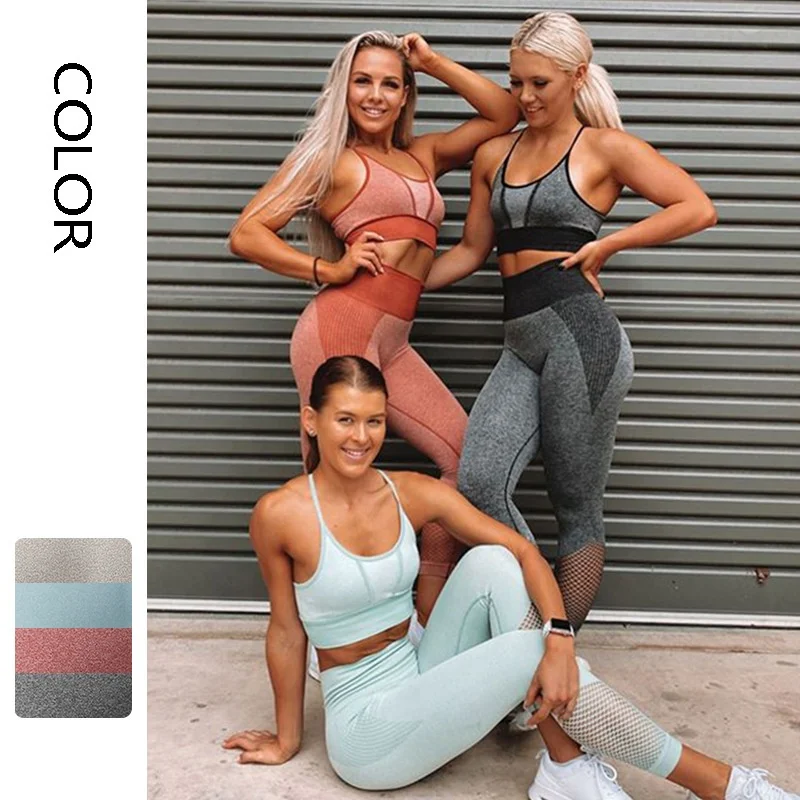 

Women Gym Fitness Sportswear Bra and Pants active wear 3 piece Running Suit Seamless Sport Mesh Leggings Yoga Sets, 4 colors