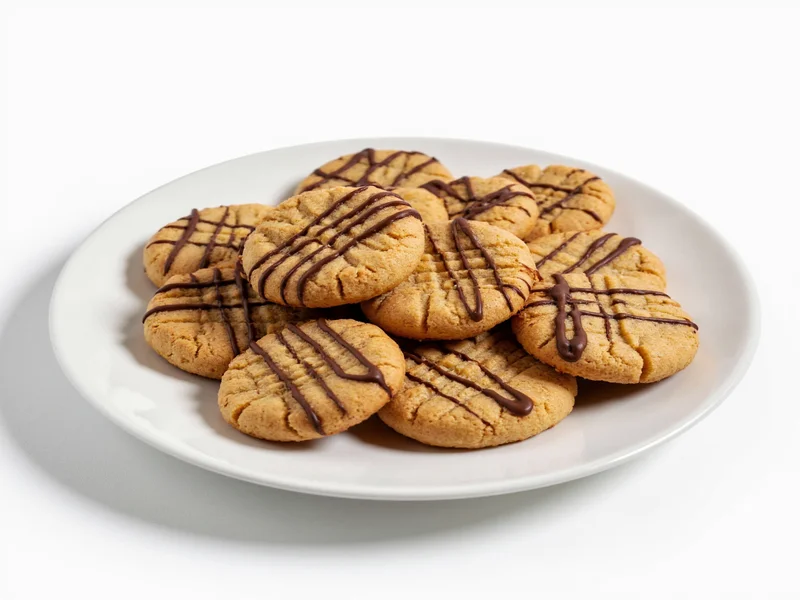 Peanut butter cookies with chocolate drizzle on white plate