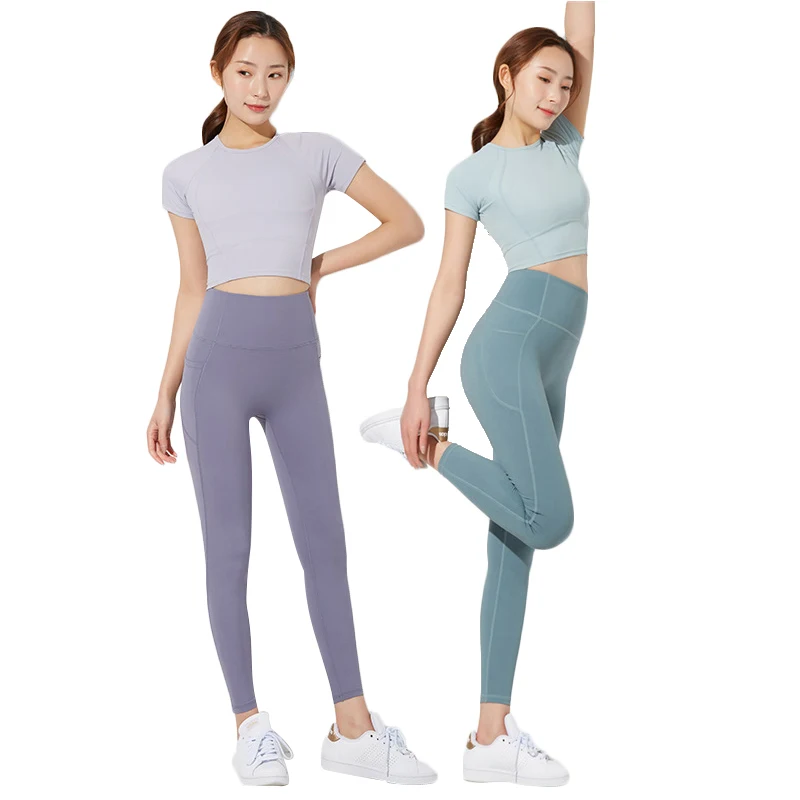 

Designed Short Crop Top Quick Dry Breathable Side Pocket Seamless Yoga Pant Set Women Gym, Coffee/green/black