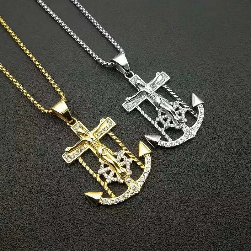 

RFJEWEL 2021 New Arrival Stainless Steel Gold plated Diamond-encrusted Jesus boat anchor pendant Hip Hop for men's jewelry