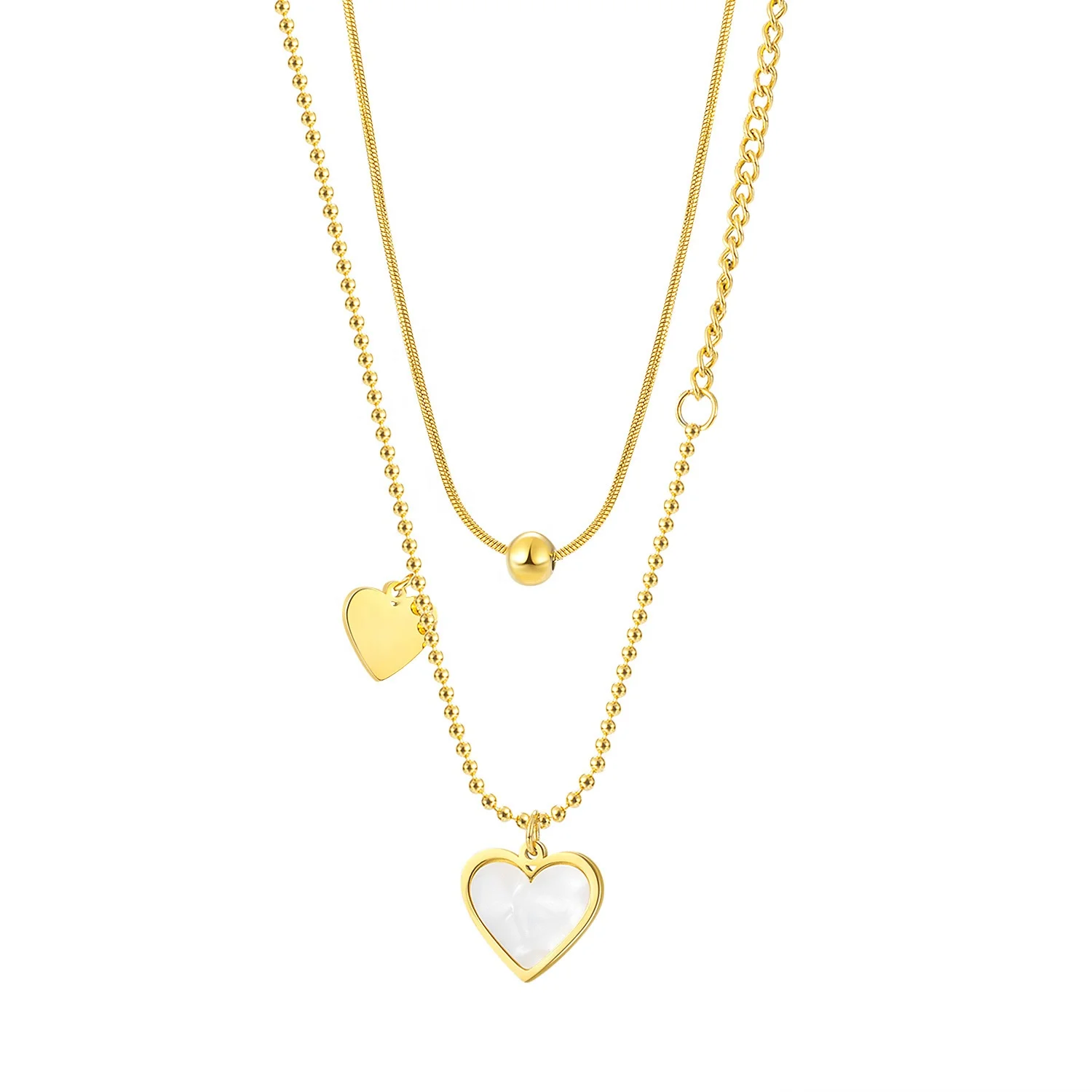 

Free Shipping Plated 18K Gold Jewelry Multi-layer Steel Chain Choker Heart White Shell 316L Stainless Steel Engraved Necklace, White, gold