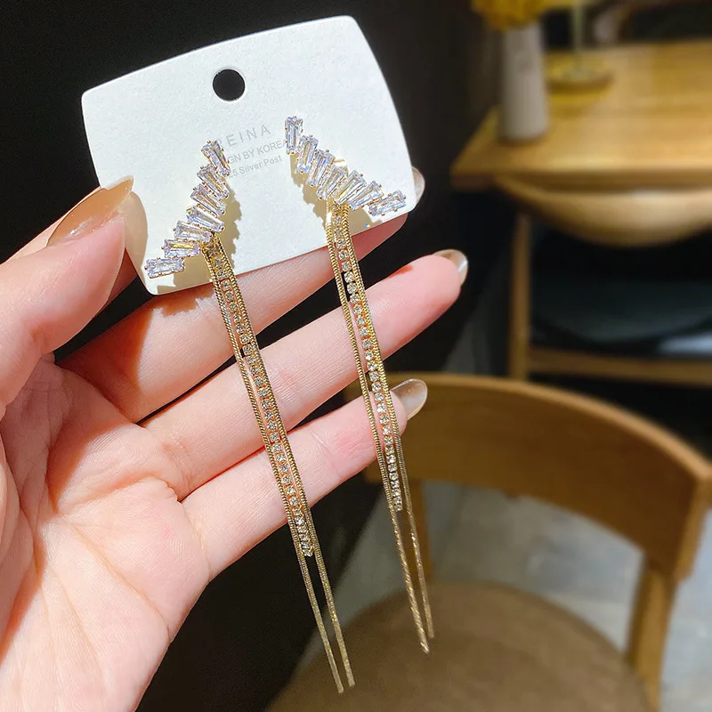 

Fashion Long Tassel Full Rhinestone Drop Earrings for Women Bijoux Shiny Water Drop Crystal Dangle Earrings Jewelry, Gold