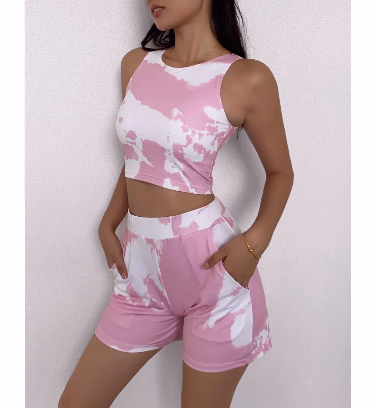 

Tie Dye Print Sports Shorts Suit Solid Color Active Clothing Crop Top Sleeveless Yoga Loose Pockets Pant Fitness Set For Women