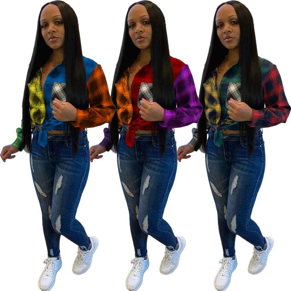 

Spring And Autumn Women Blouses Blusas Plus Size 4XL Long Sleeves Plaid Patchwork Women Blouse