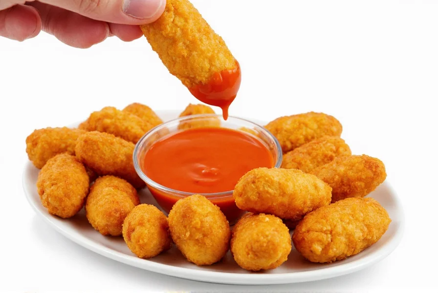 McDonald's creamy chili sauce being used as dipping sauce for McNuggets on white background