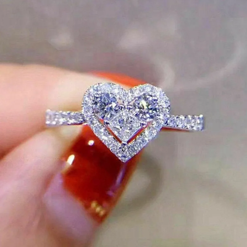 

CAOSHI Sweet Hollow Gemstone Zircon 925 Silver Plating Romantic Thin Dainty Girls Women Lovely Silver Heart Wedding Rings