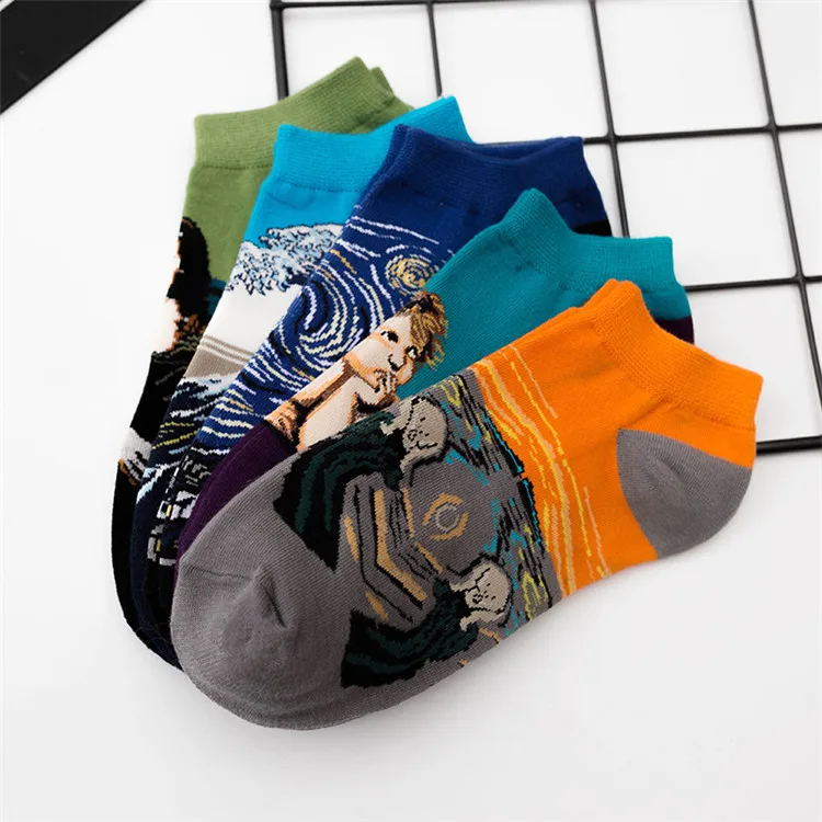

WIIPU Women's retro art mural oil painting series socks Mona Lisa pattern short ankle socks Shallow mouth sweat socks