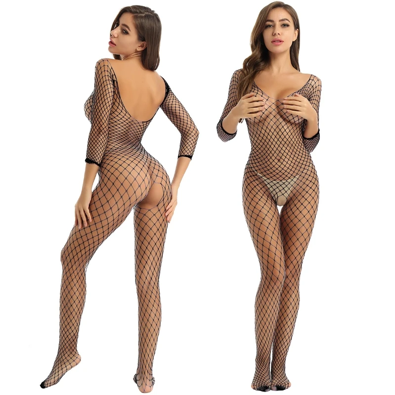 

Womens Hollow Out Fishnet Bodysuit Lingerie Scoop Neck Long Sleeves Crotchless Closed Toes Stretchy Full Body Stocking