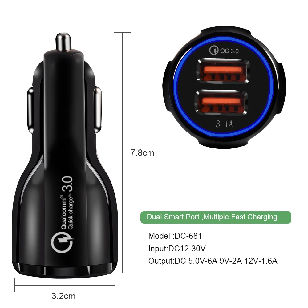 Universal Compatibility ACAR Car Charger 4X Faster Charging 2 USB Ports Protects Against Overcharging and Overheating Qualcomm QC 3.0 Black and FCC RoHS Certified by CE 3.2 x 7.8cm 