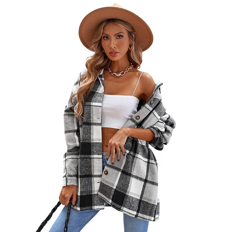 

Autumn and winter shirt long-sleeved cardigan loose lapel row of buttons plaid jacket