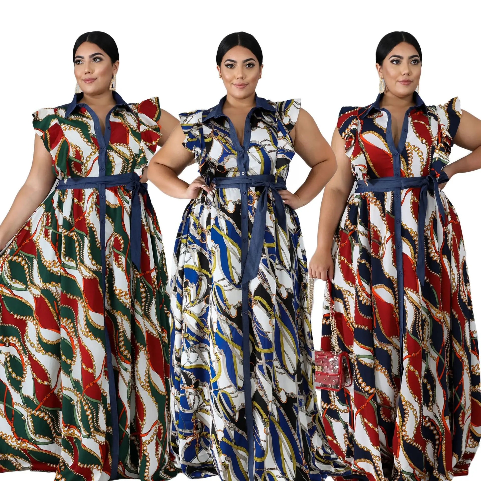 

KM6133 2022 new arrival summer print plus size full length Turtleneck women clothing dress, Picture color
