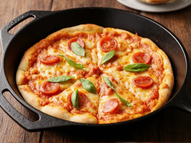 Cast iron pan with golden homemade pan pizza