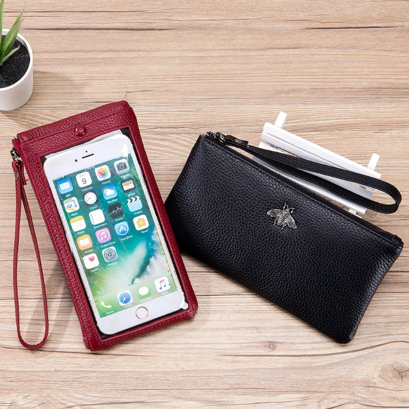 

mobile phone bags cell phone pouch bag touch screen women fashion genuine leather wrist coin purse wallet, Wine red, black,yellowish brown,lotus root purple.blackish green