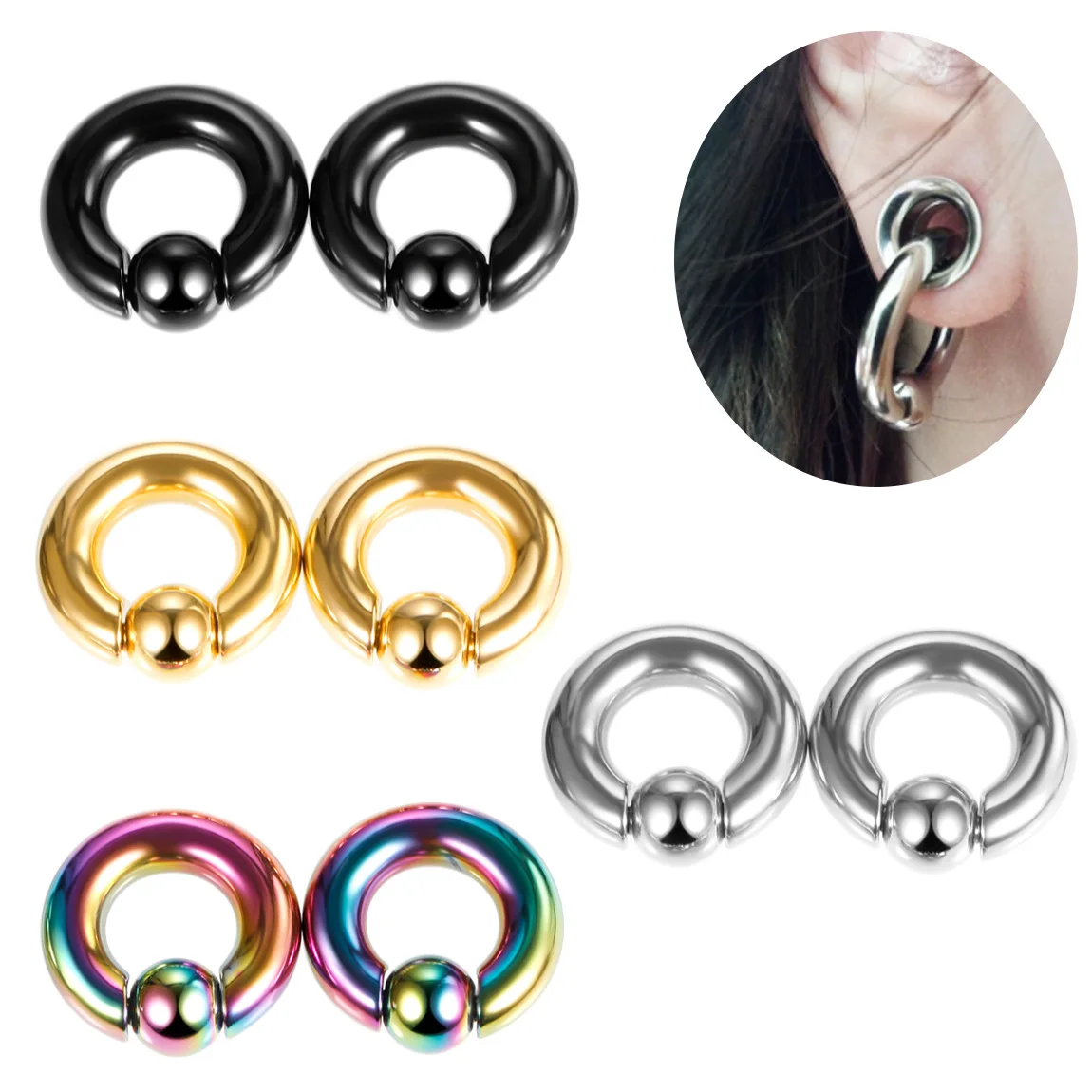 

Fashion 1Pcs Surgical Steel Hoops Large Gauge Size Captive Bead PA Tragus BCR Ring, Silver/gold/rose gold/black