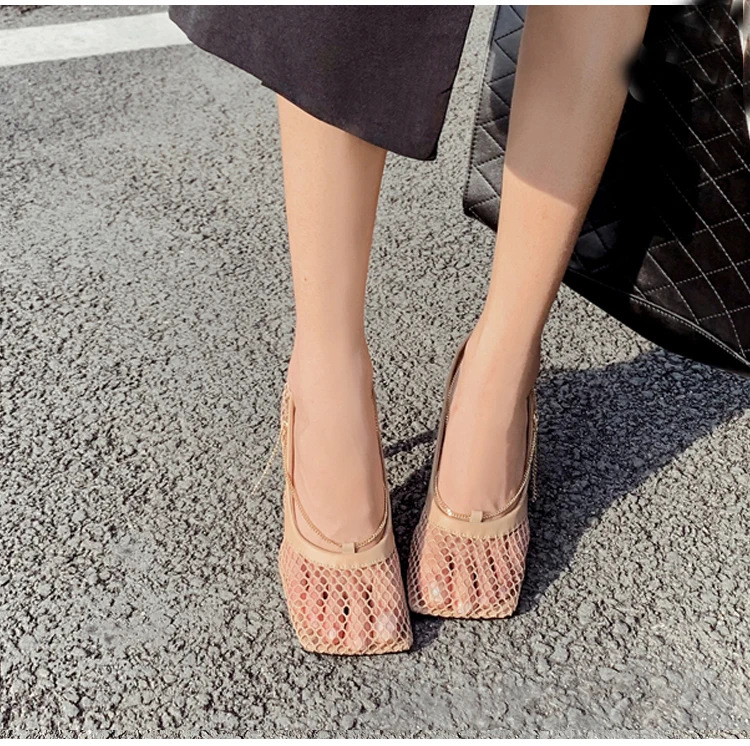 

Female Square Toe high heel Chain Stiletto hollow Party Dress Pumps shoes 7CM Summer Autumn Sexy Mesh Pumps sandals, As pictures