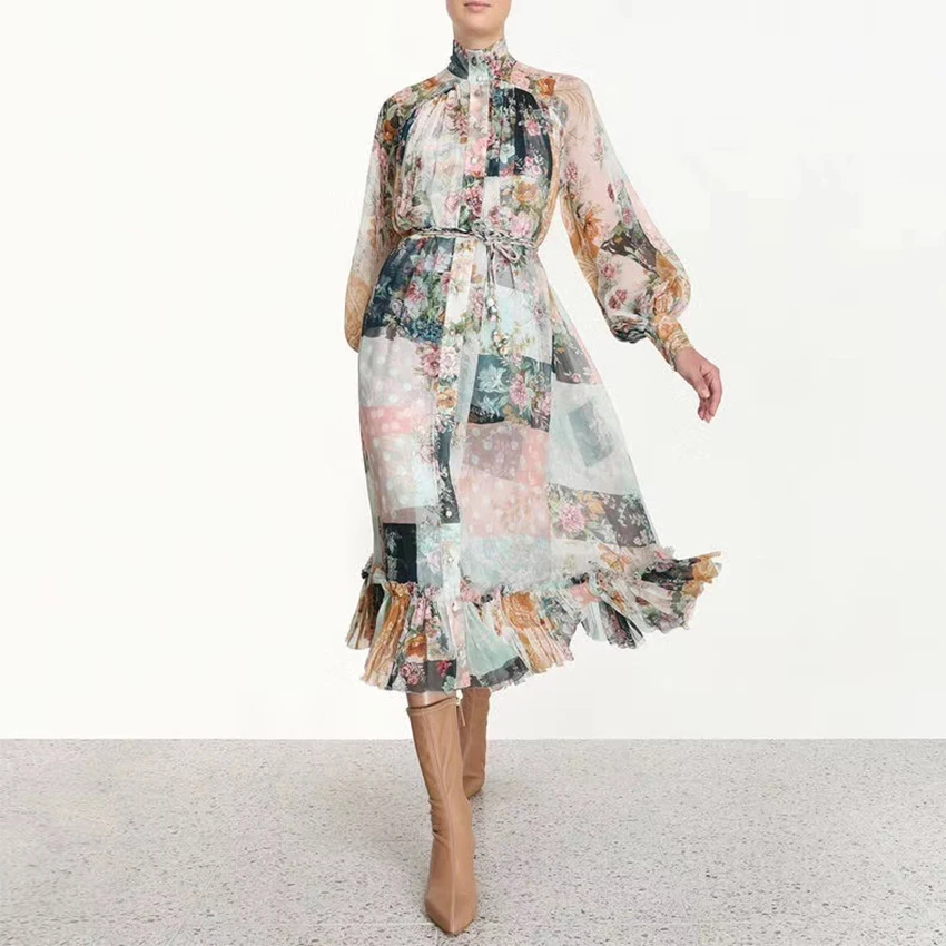 

Patchwork pattern Stand collar V-neck Summer Floral Print Routine Short sleeve 2020 Casual Dress Lady, Patchwork floral pattern